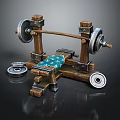 Wooden Frame Fitness Bench Press With Metal Weight Plates And Green Padded Seat