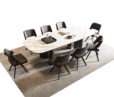 Modern Dining Table Set With Marble Tabletop And Black Leather Dining Chairs 3d model