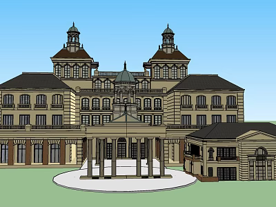 Classical Style Hotel Building With Symmetrical Towers Domed Roof And Colonnade 3d model