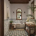 Bathroom Interior Design With Arched Window Patterned Tiles Freestanding Bathtub And Green Plants