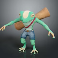 Green Reptile Character With Rolled Object On Back Wearing Blue Shorts In Standing Posture