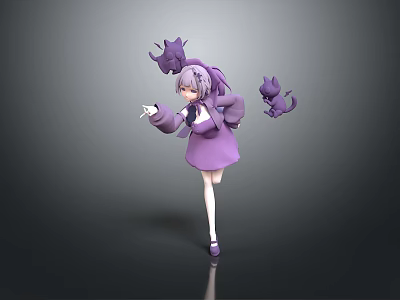 Anime Style Game Character With Purple Hair And Purple Dress Holding Wand And Purple Kittens 3d model