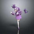 Anime Style Game Character With Purple Hair And Purple Dress Holding Wand And Purple Kittens