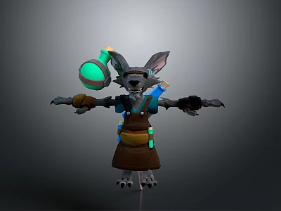 Anthropomorphic Wolf Like 3D Character With Green Glowing Potion Brown Apron And Outstretched Arms 3d model