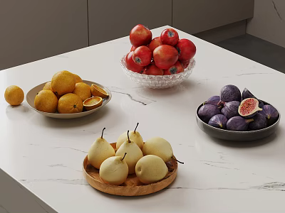 Fresh Fruits Apples Oranges Pears and Figs in Bowls Plate Tray on White Marble Countertop 3d model