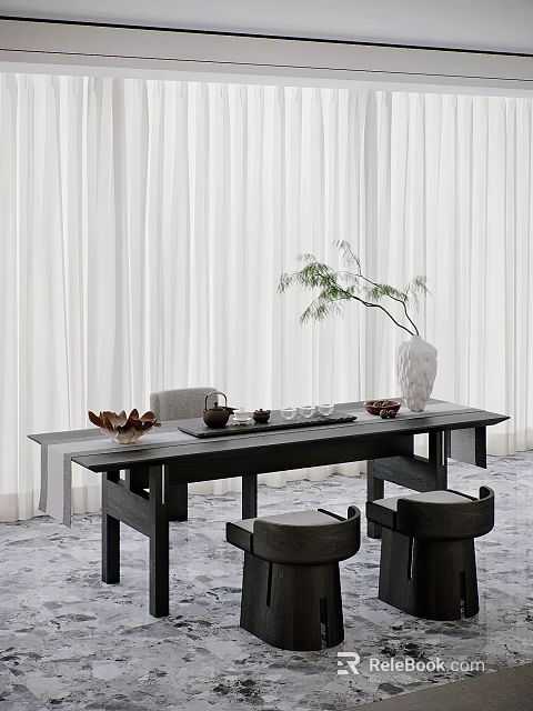 Elegant Tea Table And Chairs With Tea Set White Vase Green Plant And Curtains 3d model 