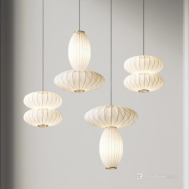 Modern Interior Design With Multiple White Layered Fabric Pendant Lights 3d model