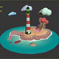 Red White Striped Lighthouse On Island With Red House Small Boat Blue Water And Clouds