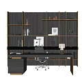 Modern Office Desk Workspace With Dark Wooden Shelves Books Sculptures And Framed