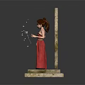 Elegant Woman In Red Dress Standing By Stained Glass Window On Stone Platform