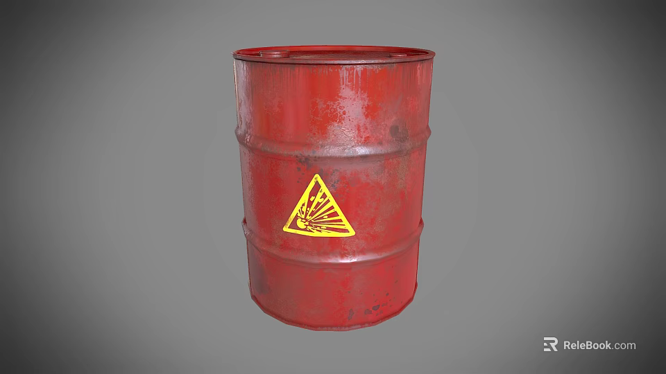 Industrial Equipment Red Metal Barrel With Yellow Warning Sign For Storage 3d model 