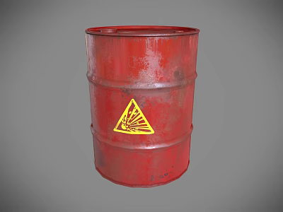 Industrial Equipment Red Metal Barrel With Yellow Warning Sign For Storage 3d model