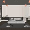 Modern Minimalist Bedroom With Striped Wall Hanging Lights Bed And Dressing Table