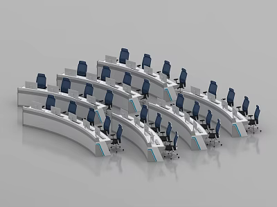 Modern Monitoring Room Interior With Curved Consoles Blue Chairs And Workstations 3d model