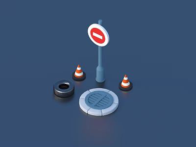 Traffic Control Site Elements Including No Entry Sign Traffic Cones Manhole Cover And Pipe Cover 3d model