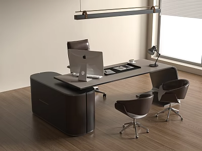 Modern Office Desk With MacBook Computer Desk Lamp And Brown Rolling Chairs 3d model