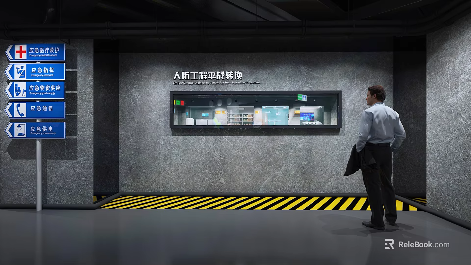 Industrial Gray Background Wall With Artificial Rainfall Simulation Display Window And Warning Stripes Floor 3d model