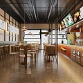 Modern Restaurant Interior With Brick Wall Wooden Tables Pendant Lights And Menu Screens