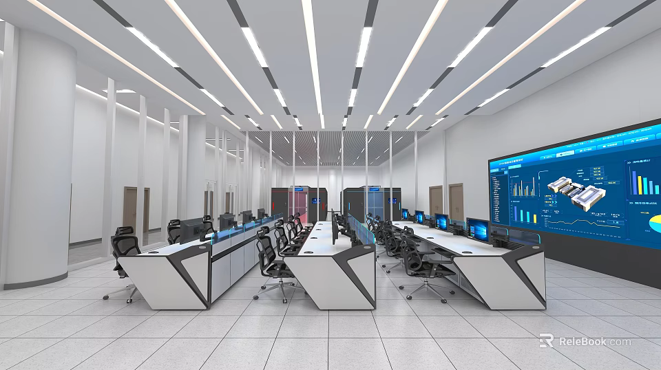 Modern Control Room Interior With Multiple Workstations Computers And Large Display Screen 3d model 