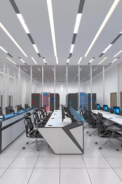 Modern Control Room Interior With Multiple Workstations Computers And Large Display Screen 3d model