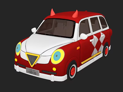 Devil Themed Cartoon Red White Car With Red Horns Diamond Pattern Yellow Blue Headlights 3d model