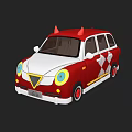 Devil Themed Cartoon Red White Car With Red Horns Diamond Pattern Yellow Blue Headlights