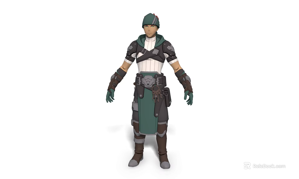 Game Movie Character In Green Hat White Top Green Wristguards Dark Pants Brown Boots Armor 3d model 