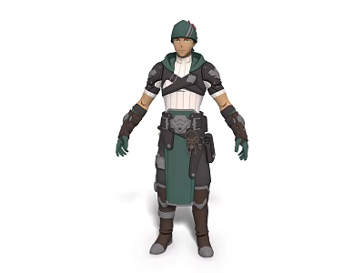 Game Movie Character In Green Hat White Top Green Wristguards Dark Pants Brown Boots Armor 3d model
