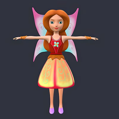 Game Movie Fairy Character with Red Hair Pink White Wings Red Top Yellow Patterned Skirt 3d model