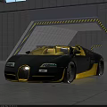 Black And Yellow Bugatti Sports Car Parked In Garage With Gray Walls And Warning Stripes