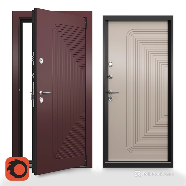 Brown and Beige Modern Swing Doors with Geometric Line Patterns and Handles 3d model 