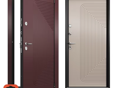 Brown and Beige Modern Swing Doors with Geometric Line Patterns and Handles 3d model