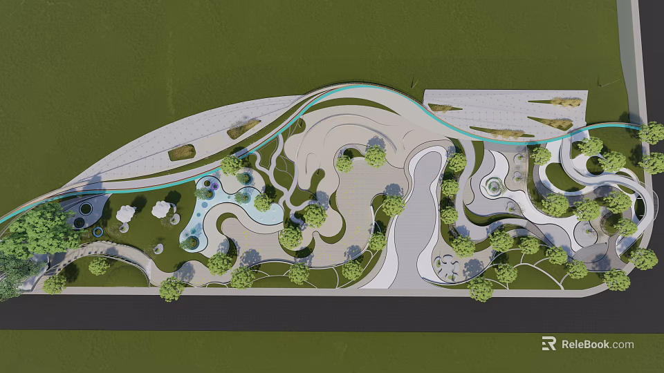 Scenic Park Landscape Design With Winding Paths Green Lawns And Trees 3d model 