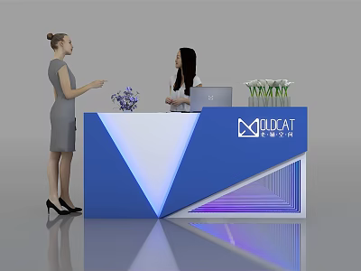 Modern Blue Reception Desk With MUDAT DESIGN Logo Laptop Flower Arrangement And Two Women Interacting 3d model