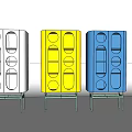 Colorful Decorative Cabinets With Circular Cutouts Glass Doors And Green Stands