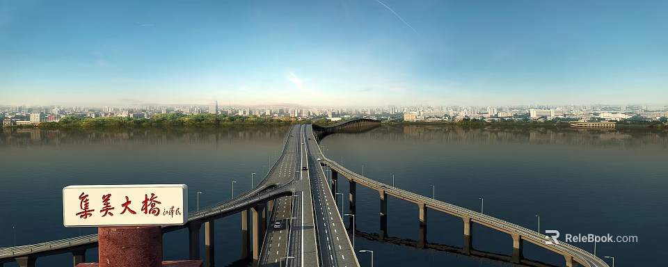 Modern Highway Bridge Spanning River With Cityscape And Multiple Lanes Design 3d model