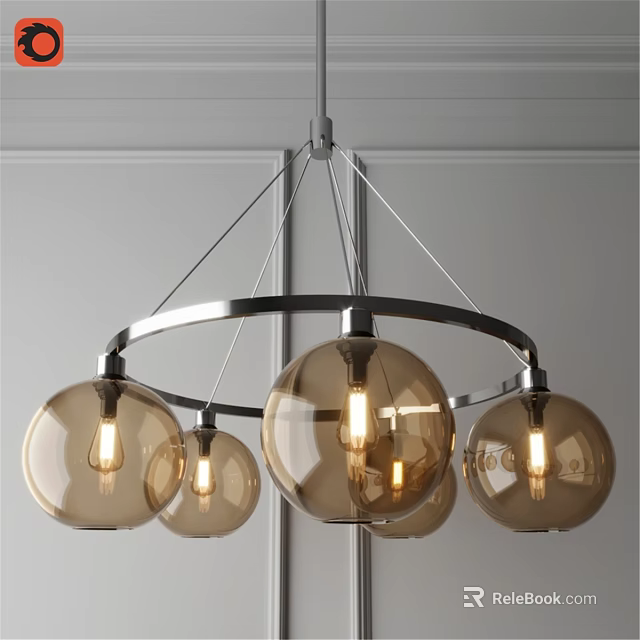 Modern Interior Amber Glass Globe Chandelier With Metal Frame And Lit Bulbs 3d model 