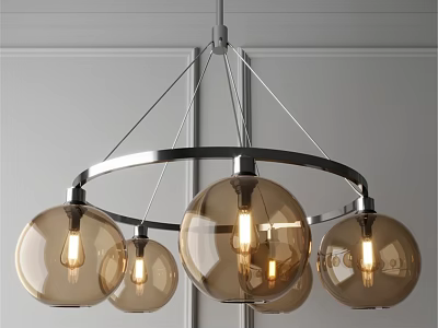 Modern Interior Amber Glass Globe Chandelier With Metal Frame And Lit Bulbs 3d model