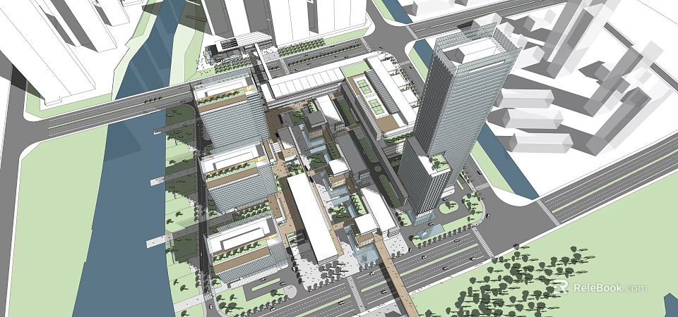 Modern Office Buildings Complex With Surrounding Roads Green Spaces And Pedestrian Walkways 3d model 