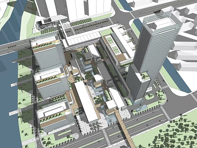 Modern Office Buildings Complex With Surrounding Roads Green Spaces And Pedestrian Walkways 3d model