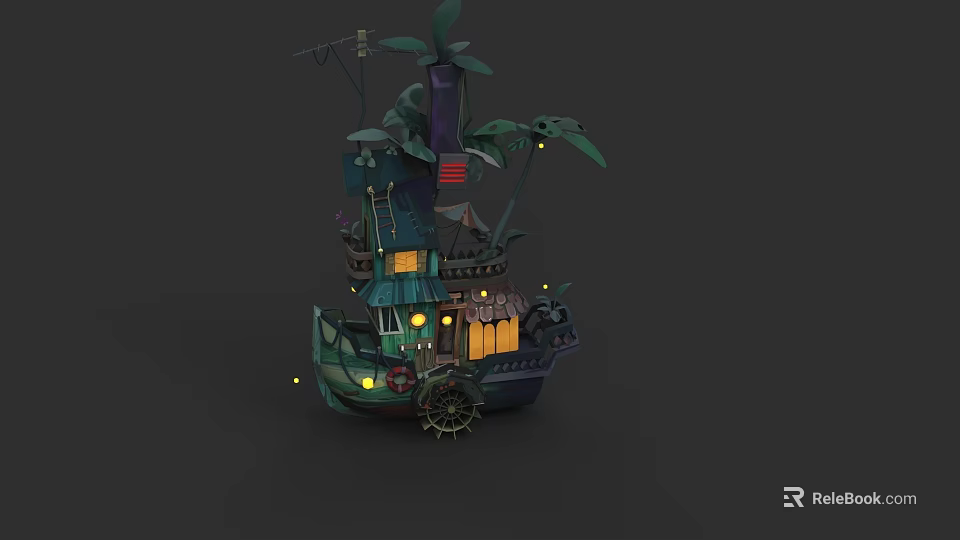 Vintage Ship Shaped Chandelier With Palm Leaves And Illuminated Lights 3d model 