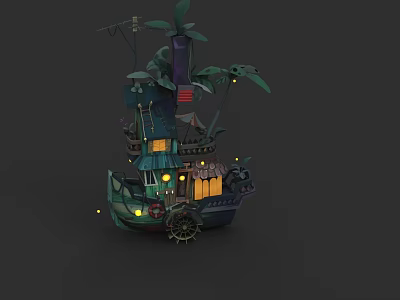 Vintage Ship Shaped Chandelier With Palm Leaves And Illuminated Lights 3d model
