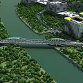 Modern Arch Bridge With Roadway And Railings Near Modern Buildings Trees And River