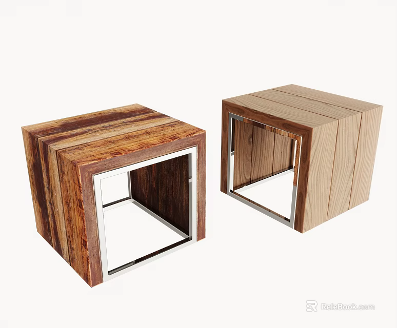 Modern Two Bedside Tables With Different Wood Grain And Metal Frames Square Design 3d model