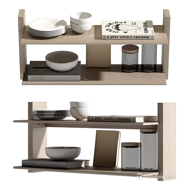 Modern Minimalist Storage Shelf Unit With Plates Bowls Books And Storage Jars 3d model 
