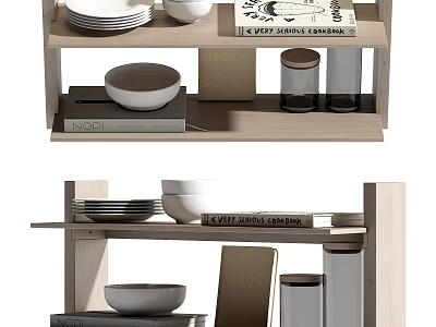 Modern Minimalist Storage Shelf Unit With Plates Bowls Books And Storage Jars 3d model