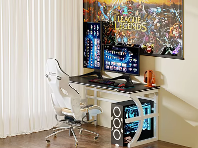 Modern Gaming Setup With Dual Monitors League of Legends Poster And RGB PC Case 3d model