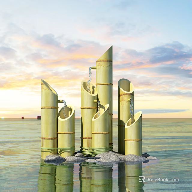 Bamboo Decorative Structures With Flowing Water By Sea Under Sunset Sky 3d model