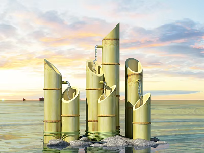 Bamboo Decorative Structures With Flowing Water By Sea Under Sunset Sky 3d model