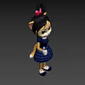 Cartoon Cat Character With Black Hair Red Bow Blue Plaid Dress And White Object
